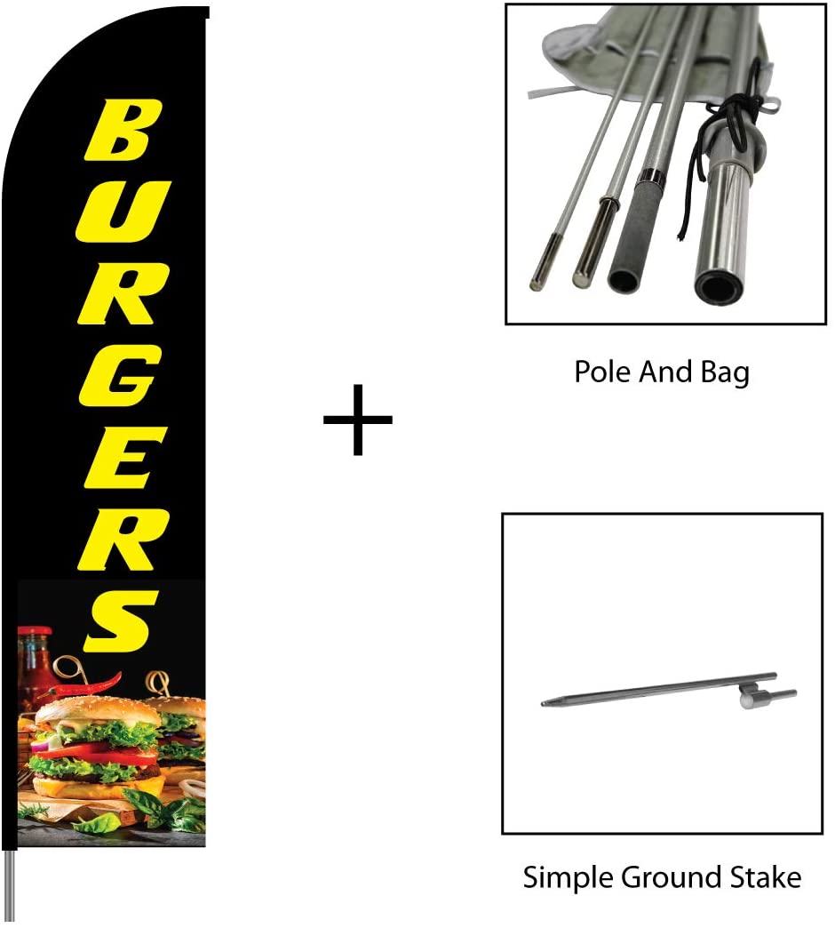 Burger Swooper Feather Flag Banner Pole Kit Outdoor Restaurant Businesses and Store Sign Display, 15 #EVO-15-BURGERS Min 1