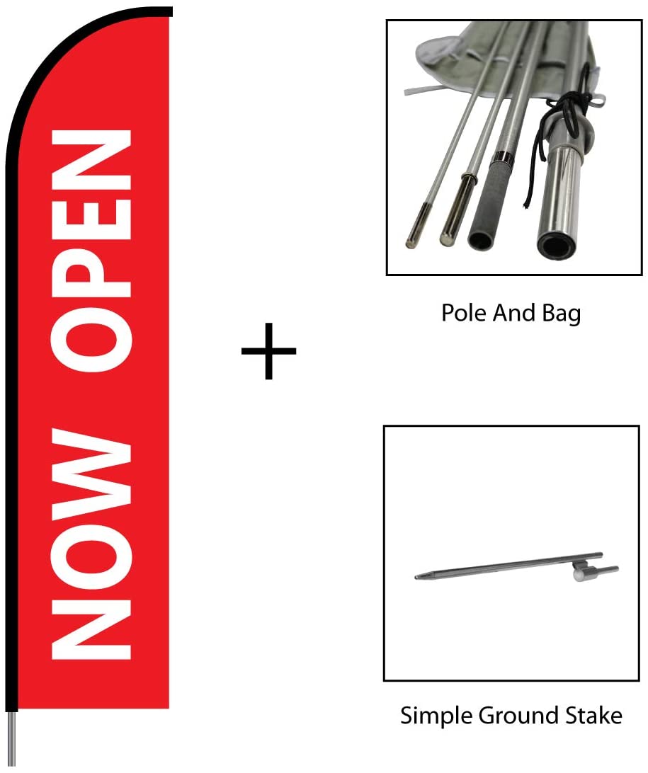 Now Open Sign Banner Feather Flag Kits - 15ft Flag Complete with Pole Set and Ground Stake - Red #EVO-15-RED-NOWOPEN Min 1